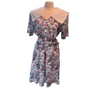 VTG 80s Floral Dress Belted Cottagecore Feminine Lace Wide Collar Sz Medium READ